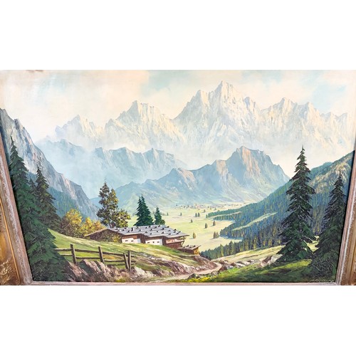 14 - FRAMED OIL ON CANVAS, DEPICTING A SWISS MOUNTAIN SCENE, SIG FILCHER, OVERALL IN FRAME APPROX. 123 X ... 