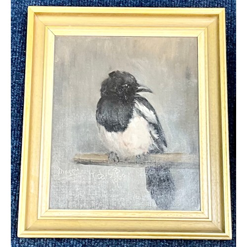 29 - MISC. PICTURES AND PRINTS INC. OIL DEPICTING A MAGPIE, WATERCOLOUR FLOWERS, ETCHING DEPICTING A CHIC... 