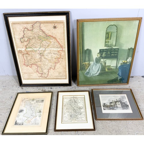 61 - 3 FRAMED MAPS INC WARICKSHIRE, DERBYSHIRE,, STAFFORSHIRE & 2 FRAMED PRINTS