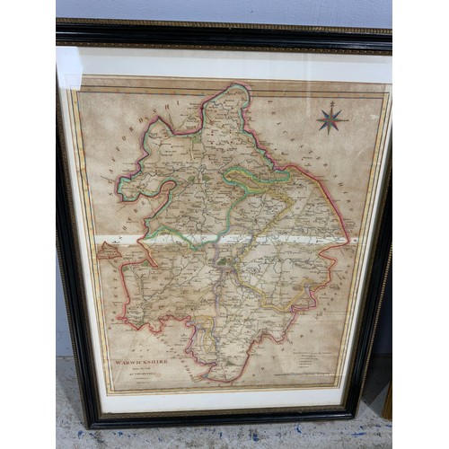 61 - 3 FRAMED MAPS INC WARICKSHIRE, DERBYSHIRE,, STAFFORSHIRE & 2 FRAMED PRINTS