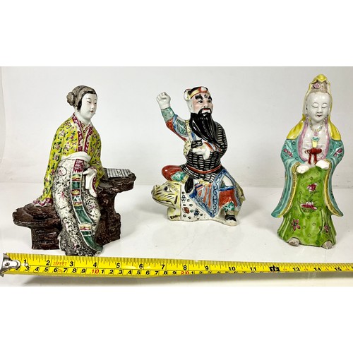 112 - THREE 19TH CENTURY ORIENTAL FIGURES ALL APPROX. 10 INCHES HIGH, WARRIOR AND TWO FEMALE FIGURES