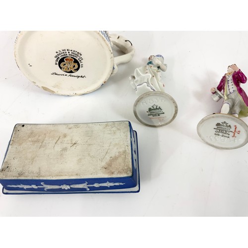 110 - 2 ROSENDALE FIGURINES, DAME LAURA KNIGHT TANKARD , WEDGWOOD LIIDED POT , LACE PLATES ETC