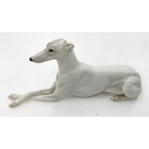 101 - WELL MODELLED AUSTRIAN PORCELAIN GREYHOUND & PAIR ROYAL DOULTON DICKENS WARE VASES