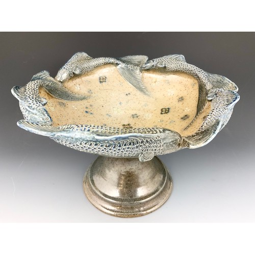 151 - IMPRESSIVE LARGE TOFF MILWAY PEDESTAL BOWL WITH 6 FISH AROUND THE RIM 27cm TALL  , 40cm DIAMETER