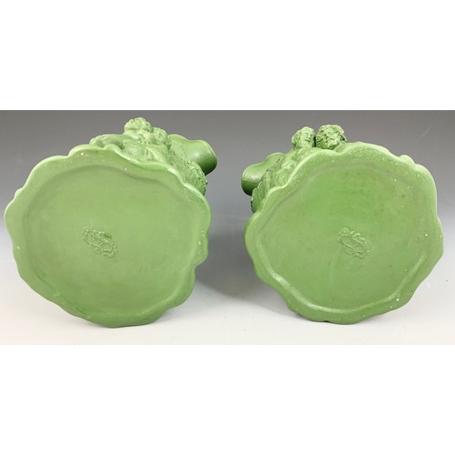 137 - PAIR OF 19TH CENTURY GREEN BACCHUS JUGS, MOULDED 19 BACKSTAMP 23cm TALL