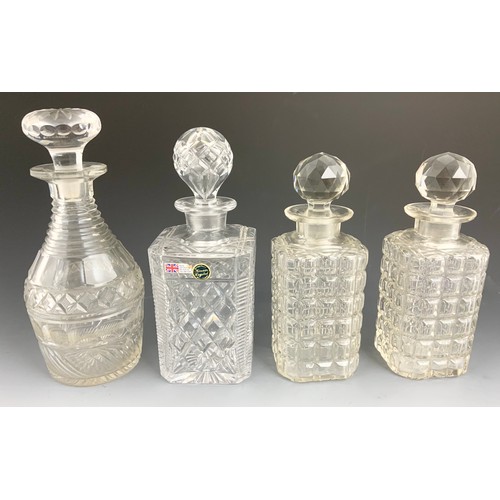 218 - PAIR OF SQUARE DECANTERS, 1 OTHER KINVER CRYSTAL DITTO AND A ROUND CUT GLASS DECANTER AF