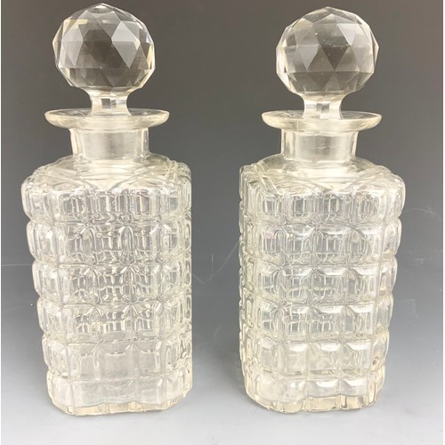 218 - PAIR OF SQUARE DECANTERS, 1 OTHER KINVER CRYSTAL DITTO AND A ROUND CUT GLASS DECANTER AF