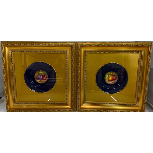 120 - PAIR OF FRAMED CABINET PLATES, STILL LIFE FRUIT WITH DARK BLUE BORDERS IN GILT FRAMES SIGNED PRICE (... 