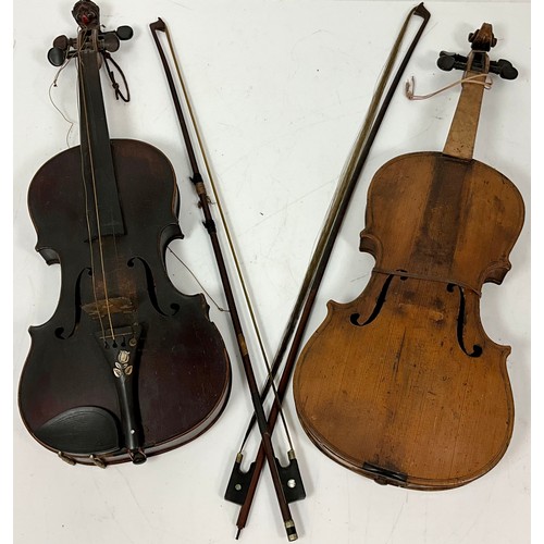 381 - 2, 19TH CENTURY VIOLINS IN NEED OF SOME RESTORATION, ONE WITH CARVED LION HEAD