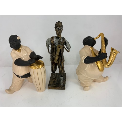 119 - TWO CERAMIC JAZZ PLAYERS MODELS WITH A UNUSUAL WEST INDIAN WOOD & WIRE MUSICIAN TALLEST  34cm