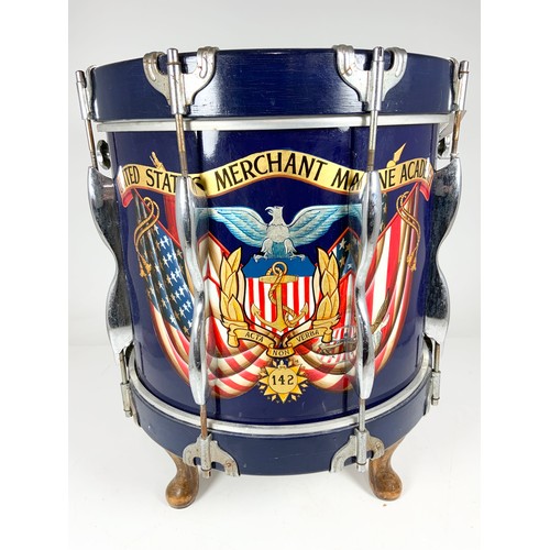 395 - UNITED STATES MERCHANT MARINE ACADEMY CEREMONIAL DRUM ON 3 CABRIOLE LEGS 49cm TALL