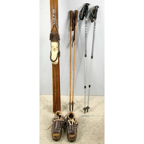 407 - VINTAGE SNOW SKIS AND BOOTS TOGETHER WITH A PAIR OF WALKING POLES