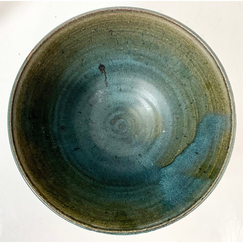 156 - STUDIO POTTERY 2 BOWLS AND 2 BALUSTER VASES WITH GREEN BLUE DRIP GLAZE AND SPECKLE GLAZE