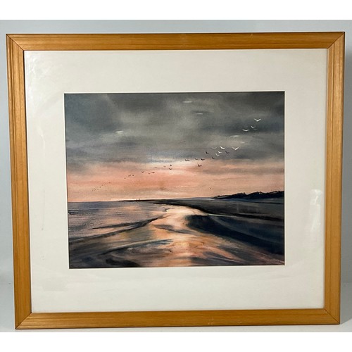 39 - PAT PEARCE, WATERCOLOUR DEPICTING A TWILIGHT BEACH SCENE, POSSIBLY ABERSOCH, APPROX. 46 X 37 cm