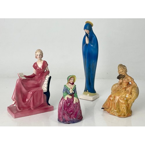 98 - WADE POMPADOUR FIGURE, DECO FIGURE OF A SEATED LADY MENU CARD HOLDER, RELIGIOUS FIGURE STUDY AND GOS... 