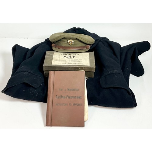 391 - CIVIL DEFENCE OVERCOAT SIZE 6, CAP WITH WORCESTERSHIRE REGIMENT FIRM BADGE, A.R.P. FIRST AID KIT VIE... 