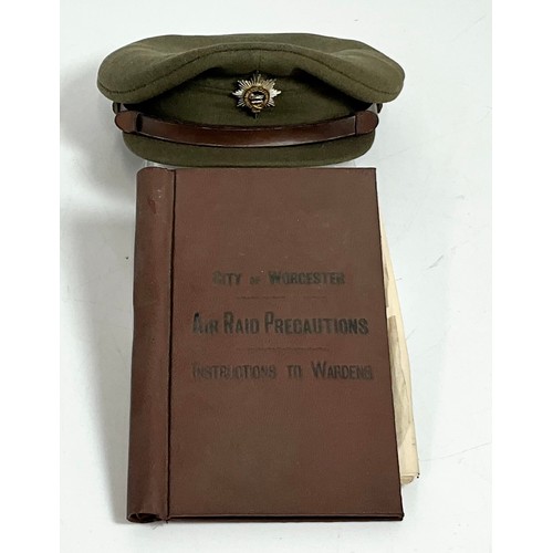 391 - CIVIL DEFENCE OVERCOAT SIZE 6, CAP WITH WORCESTERSHIRE REGIMENT FIRM BADGE, A.R.P. FIRST AID KIT VIE... 