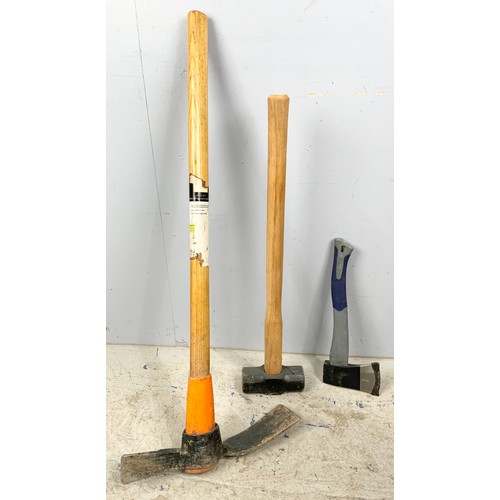 493 - PICK AXE SLEDGE HAMMER AND AXE