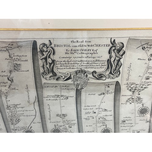 60 - 2 JOHN OGILBY FRAMED ROAD MAPS BRISTOL TO CHESTER AND 1 OTHER FRAMED MAP