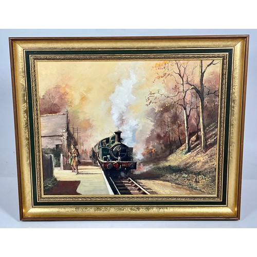 240 - ALAN KING OIL ON CANVAS, ‘EVENING ARRIVAL’ DEPICTING A STEAM LOCOMOTIVE, APPROX. 46 X 35 cm