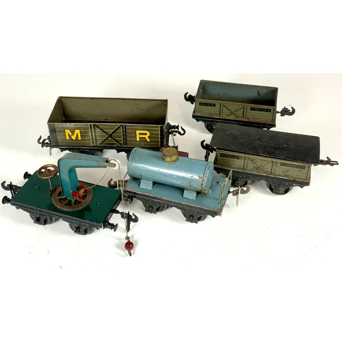 480 - GAUGE 1 MODEL RAILWAY, 5 WAGONS, INC MIDLAND RAILWAY COAL TRUCK, CRANE WITH OPERATING JIB, TANK WAGO... 