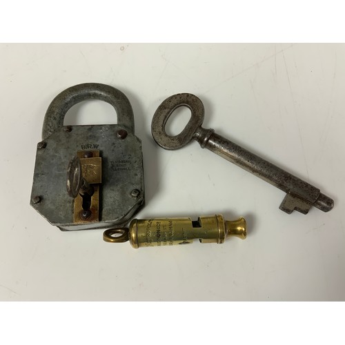 242 - RAILWAY INTEREST, A BRASS METROPOLITAN WHISTLE, GWR SIGNAL BOX KEY, BR(W) PADLOCK WITH KEY