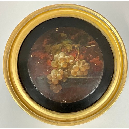 20 - ROUND OIL ON PANEL, STILL LIFE FRUIT, APPROX. 23.5 cm dia. AND 2 ORIENTAL PICTURES ON PANEL