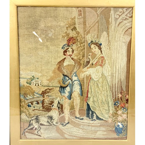 71 - FRAMED TAPESTRY  OF A LADY & GENTLEMAN WITH 2 DOGS  29cm x  24cm