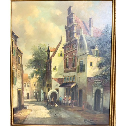 8 - HIEN HOEVEN DUTCH SCENE WITH BUILDINGS OIL ON CANVAS 49cm x 39cm