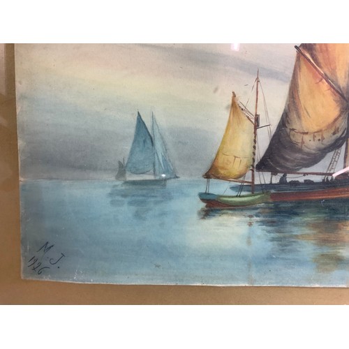 43 - WATERCOLOUR DEPICTING A MARITIME SCENE WITH BOATS, MONOGRAM M.J. 1926, APPROX. 53 X 20 cm