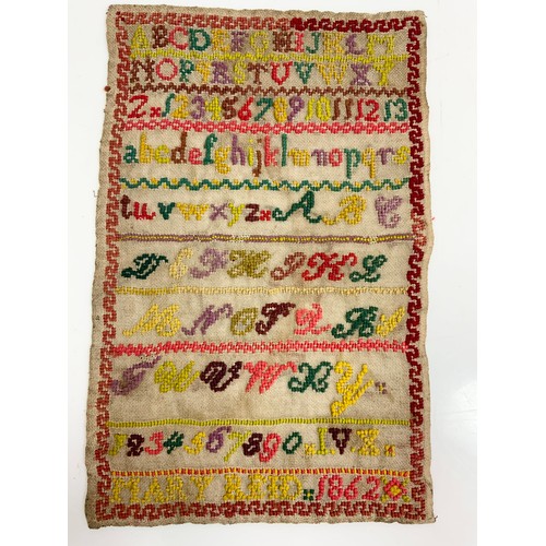 69 - 3 EMBROIDERED SAMPLERS TWO DATED 1862 LARGEST 31cm x  21cm