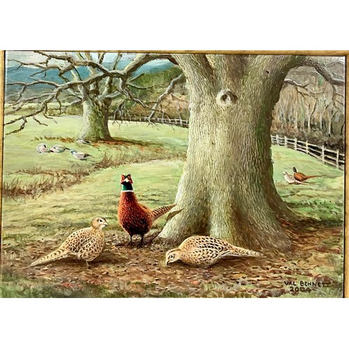 24 - PAINTING ON PORCELAIN PANEL DEPICTING PHEASANT SIGNED VAL BENNETT 2004, APPROX. 18 X 13 cm