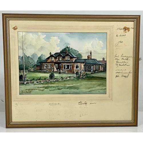 32 - GOLFING INTEREST, WATERCOLOUR DEPICTING THE CLUB HOUSE, OXLEY PARK GOLF CLUB, WOLVERHAMPTON WITH VAR... 