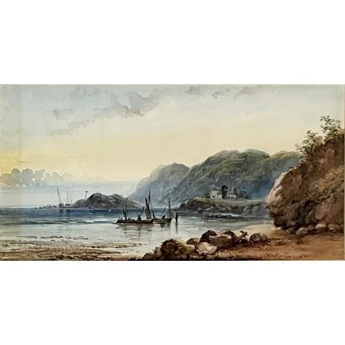 33 - 19TH CENTURY WATERCOLOUR DEPICTING A COASTAL SCENE WITH BOATS, APPROX. 35 X 19 cm, GOOD QUALITY FRAM... 