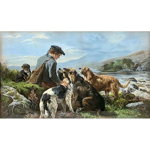 23 - LARGE PICTURE DEPICTING SCOTTISH LAIRD WITH DOGS, APPROX. 75 X 45 cm  IN GOOD QUALITY GLAZED FRAME