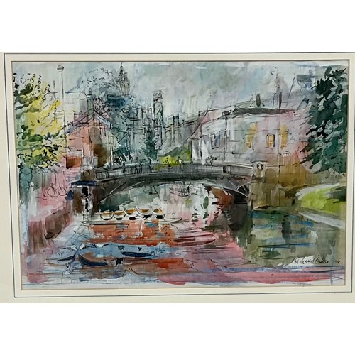 34 - RICHARD BAKER, CONTEMPORARY WATERCOLOUR DEPICTING POSSIBLY A SCENE FROM OXFORD OR CAMBRIDGE, APPROX.... 