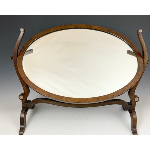 84 - OVAL DRESSING TABLE MIRROR ON  INLAID MAHOGANY STAND 60cm TALL