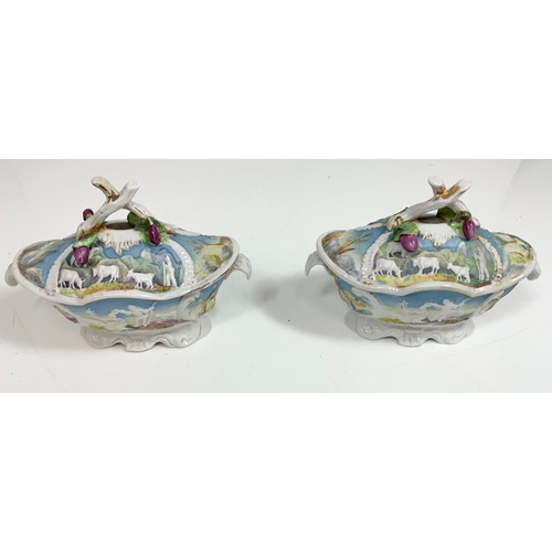 182 - PAIR OF CONTINENTAL RELIEF DECORATED COVERED DISHES AF TOGETHER WITH A TEA POT