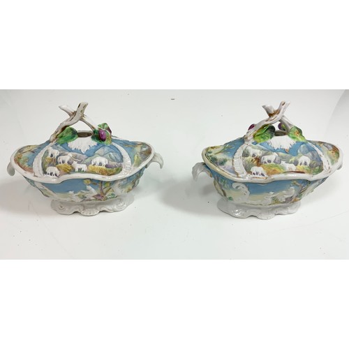 182 - PAIR OF CONTINENTAL RELIEF DECORATED COVERED DISHES AF TOGETHER WITH A TEA POT