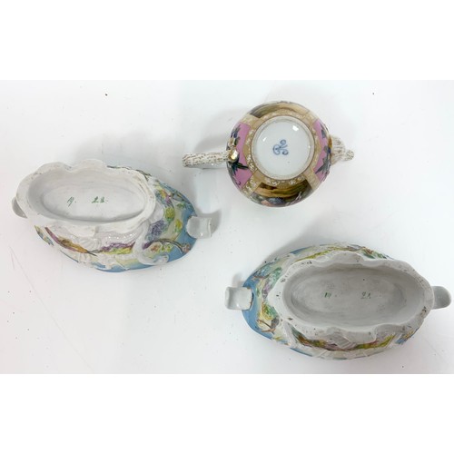 182 - PAIR OF CONTINENTAL RELIEF DECORATED COVERED DISHES AF TOGETHER WITH A TEA POT