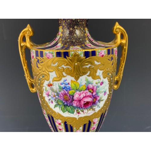 147 - LYNTON PORCELAIN VASE  WITH CARTOUCHE OF HAND PAINTED FLOWERS 26cm TALL