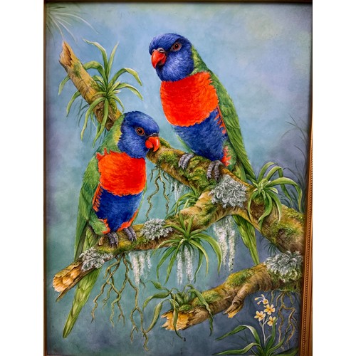 161 - WORCESTER FINE ART & CERAMICS LARGE FRAMED PORCELAIN PLAQUE  DECORATED WITH MACAWS ON A NATURAL LAND... 