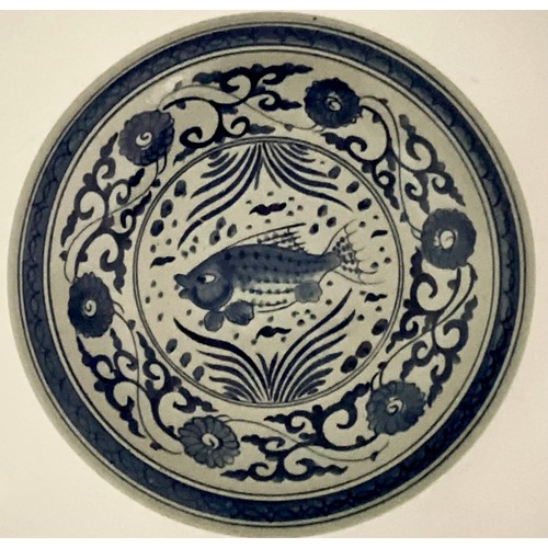 218 - LARGE BOXED BLUE AND WHITE CHINESE CHARGER PLATE 41CM DIA. HAND PAINTED WITH STYLISED FISH, UNDERWAT... 