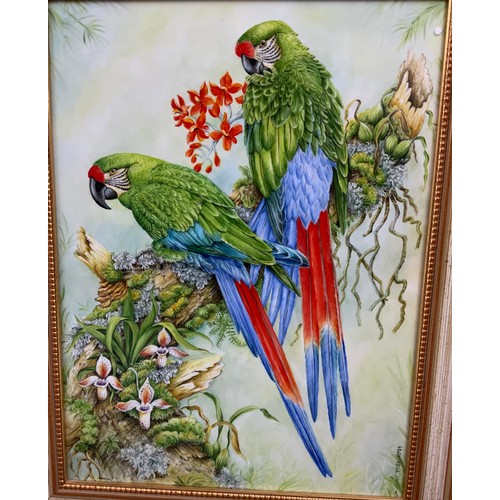 162 - LARGE PORCELAIN PANEL DECORATED WITH HAND PAINTED  BUFFON MACAWS DATED 1994  35cm x 26cm