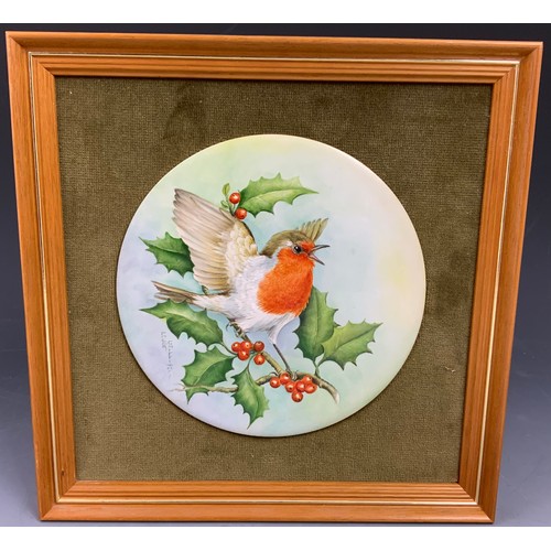 163 - TWO ROUND PORCELAIN PLAQUES DECORATED WITH HAND PAINTED  BIRDS SIGNED & FRAMED