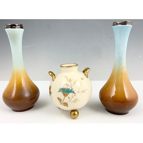 152 - PAIR OF VASES WITH SILVER RIMS AND 1 OTHER GLOBE SHAPED VASE