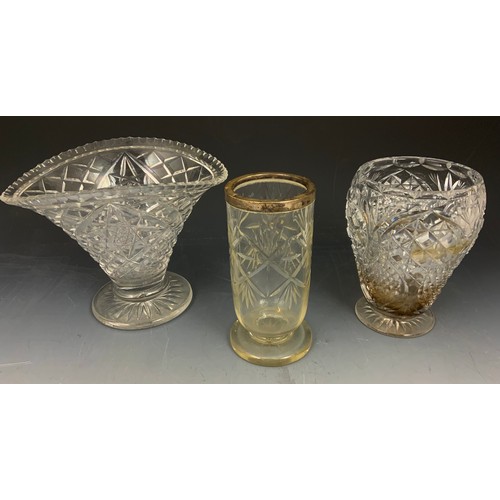 247 - CUT GLASS BOWL, 2 CUT GLASS VASES TOGETHER WITH 1 OTHER HAVING A SILVER RIM