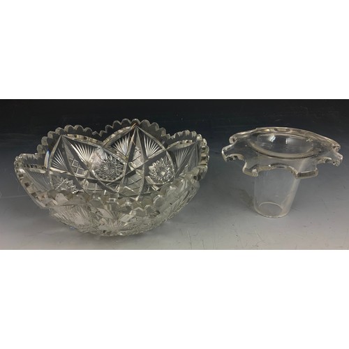 247 - CUT GLASS BOWL, 2 CUT GLASS VASES TOGETHER WITH 1 OTHER HAVING A SILVER RIM