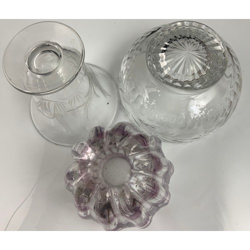 256 - CUT GLASS BOWL, ETCHED GLASS VASE & STUDIO GLASS VASE