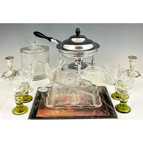 249 - MISC. GLASS AND SILVERWARE INC. COOKING PAN AND BURNER, CANDLESTICKS, STORAGE JAR, CUT GLASS JUGS, E... 